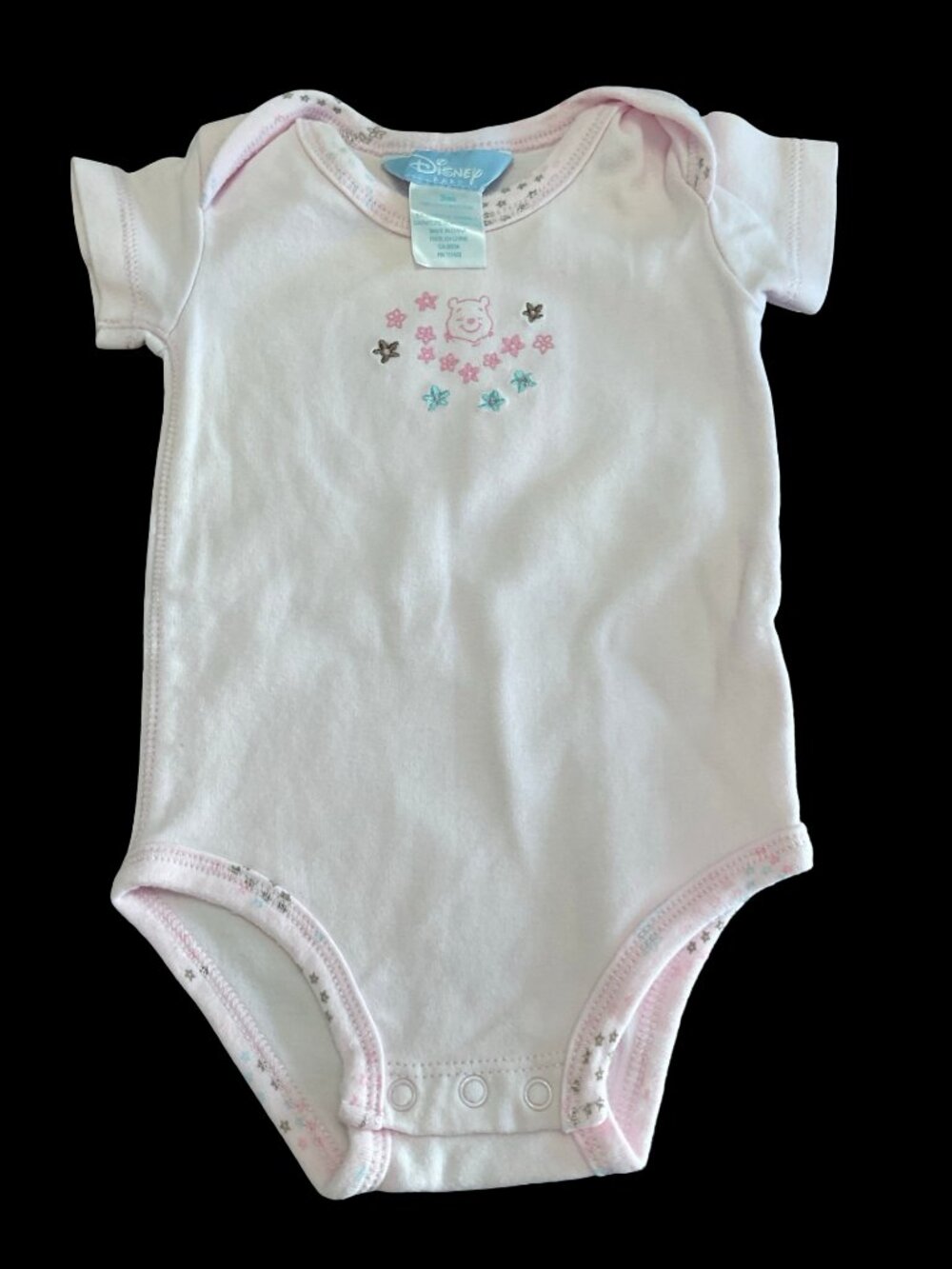 👣 10/$25 - Pink Onesie w/ Winnie the Pooh Graphic & Floral Embroidery